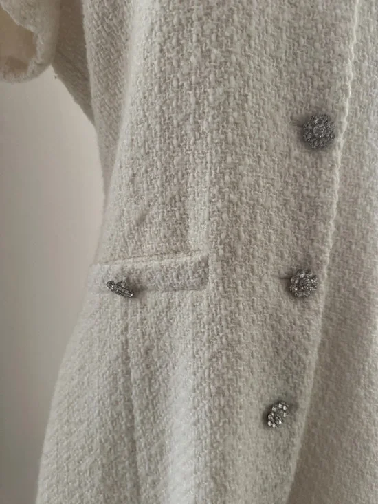 Aqua Ivory Bouclé Short-Sleeve Mini Dress with Decorative Buttons - Picture 3 of 8